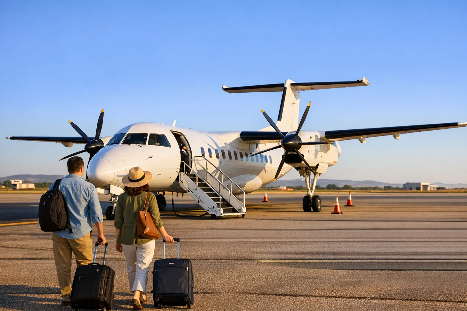 Piccolo aeromobile regionale bianco fermo sulla pista con la scaletta abbassata, pronto all'imbarco