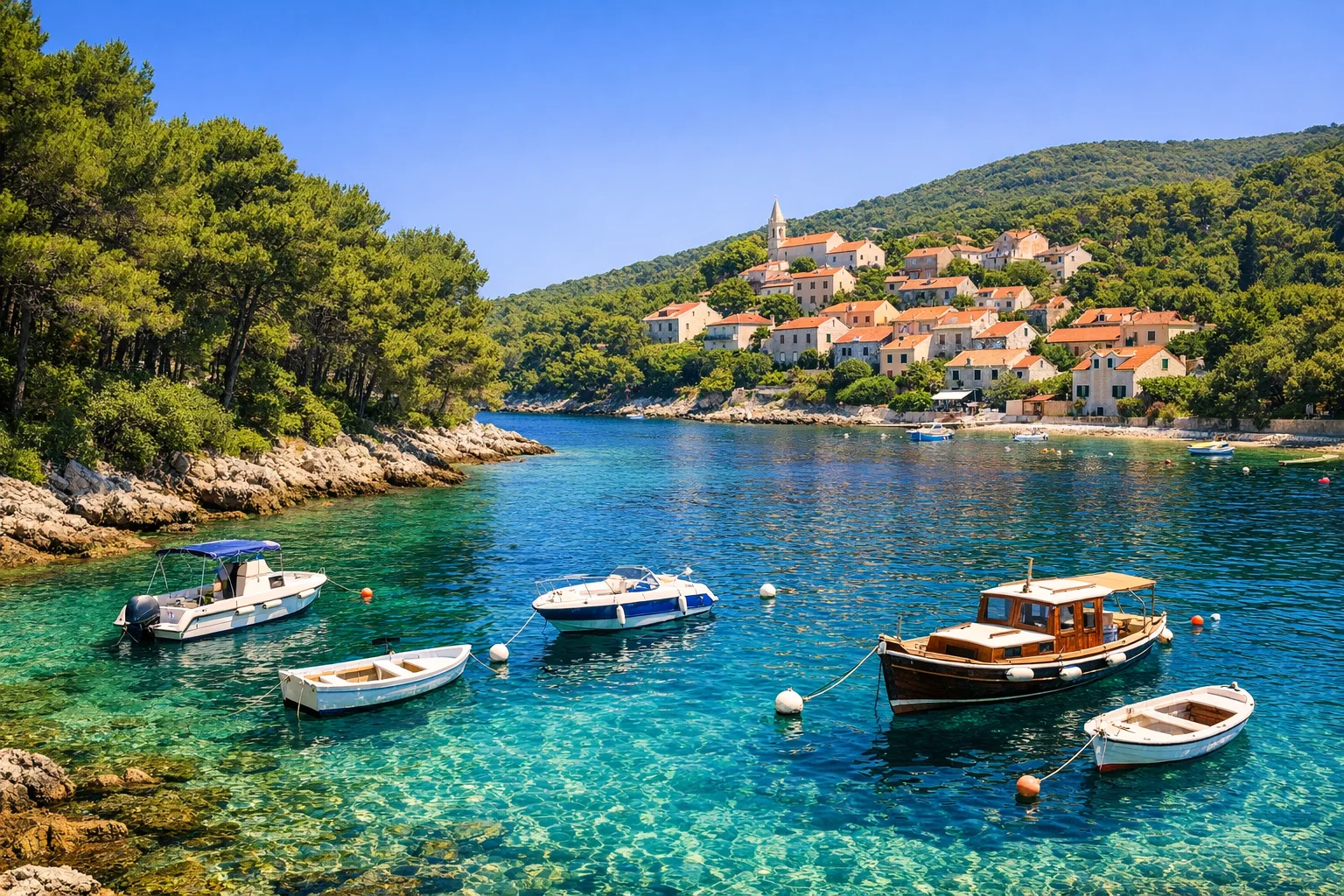 Baia dell'isola di Lussino in Croazia: acqua turchese, barche ormeggiate e pinete mediterranee