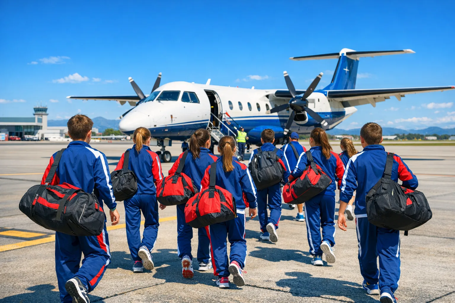 Squadra sportiva giovanile in tuta con le borse, in cammino sul piazzale dell'aeroporto verso l'aereo