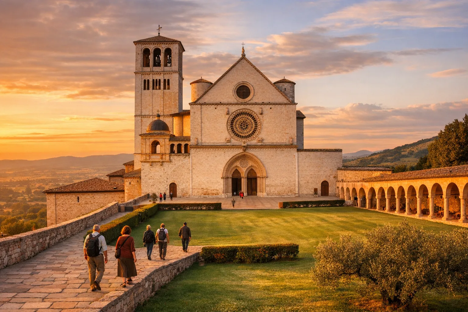 La Basilica di San Francesco ad Assisi, in Umbria, illuminata dalla luce calda del tramonto