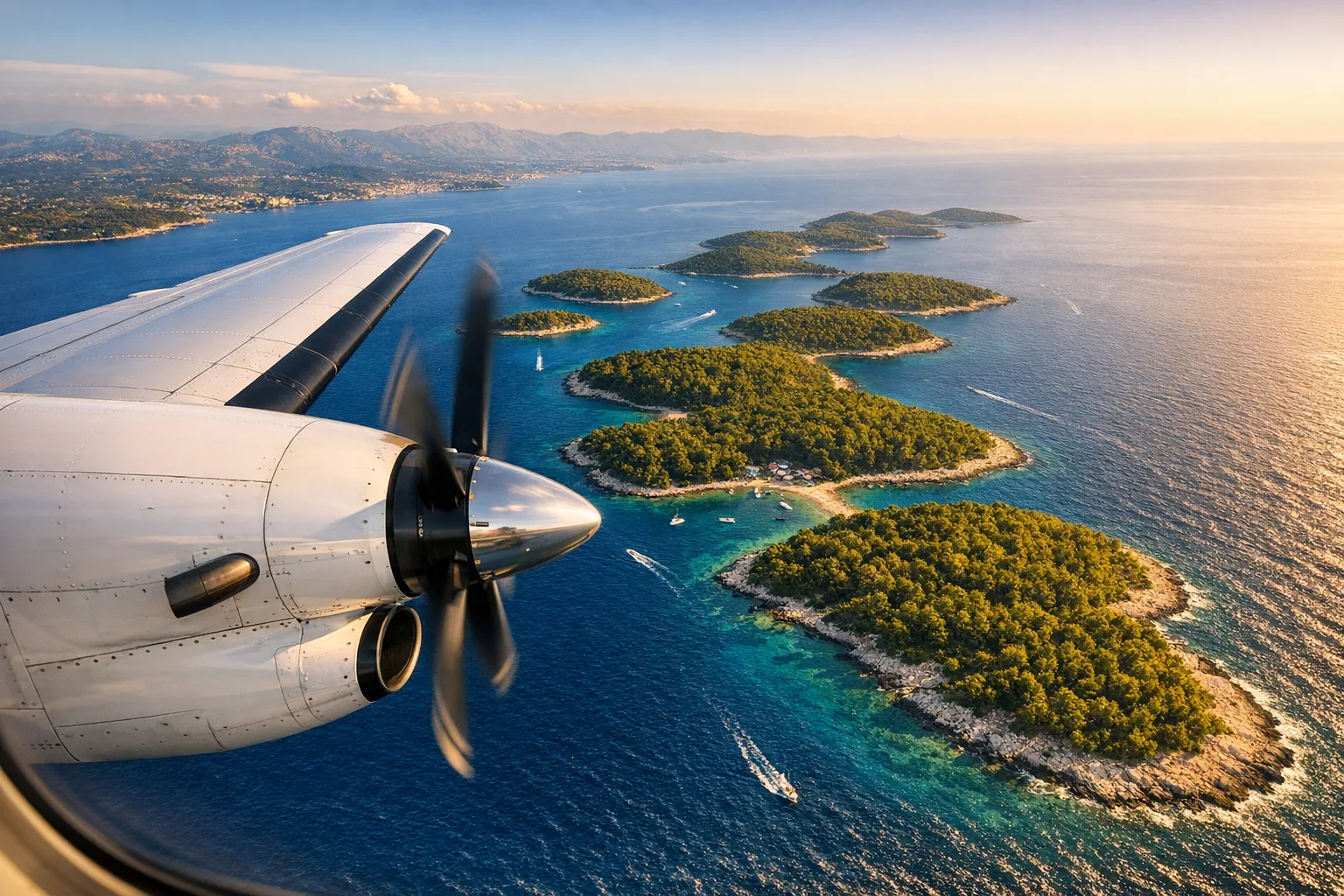 Vista aerea dal finestrino di un piccolo aeromobile in volo sul mare Adriatico verso le isole croate